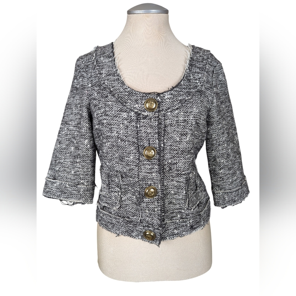 Chic Black And White Old Money Wool Tweed 3/4 Sleeve Cropped Blazer Gold Buttons